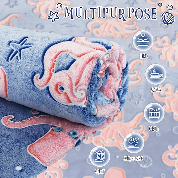 BORORO Glow in The Dark Blanket Octopus Gifts Toys for Kids Soft Cute Blanket Ocean Themed Gifts Blankets for Girls Boys