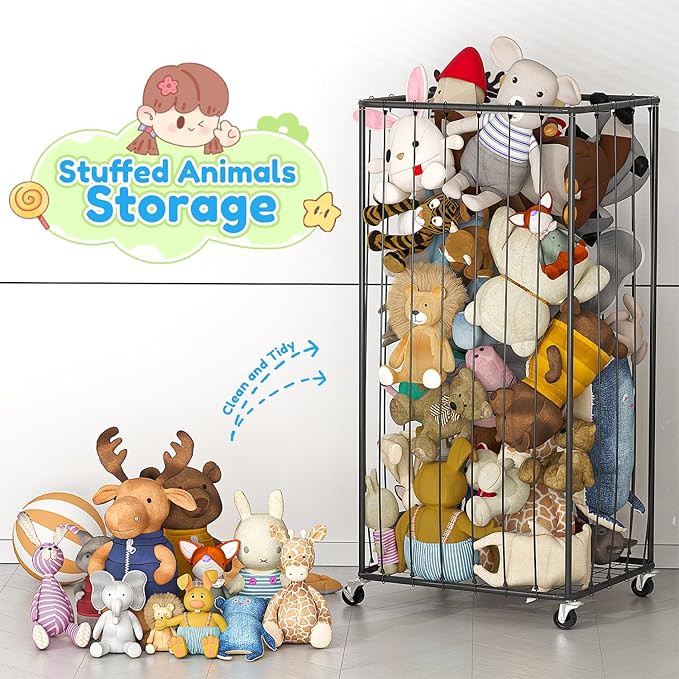 210L Stuffed Animal Organizer Plush Toy Storage Organizer Toy Storage Basket, Kids Toy Storage Bins with Wheels, Metal Frame and Elastic Cord Design, Suitable for Storage of Any Stuff
