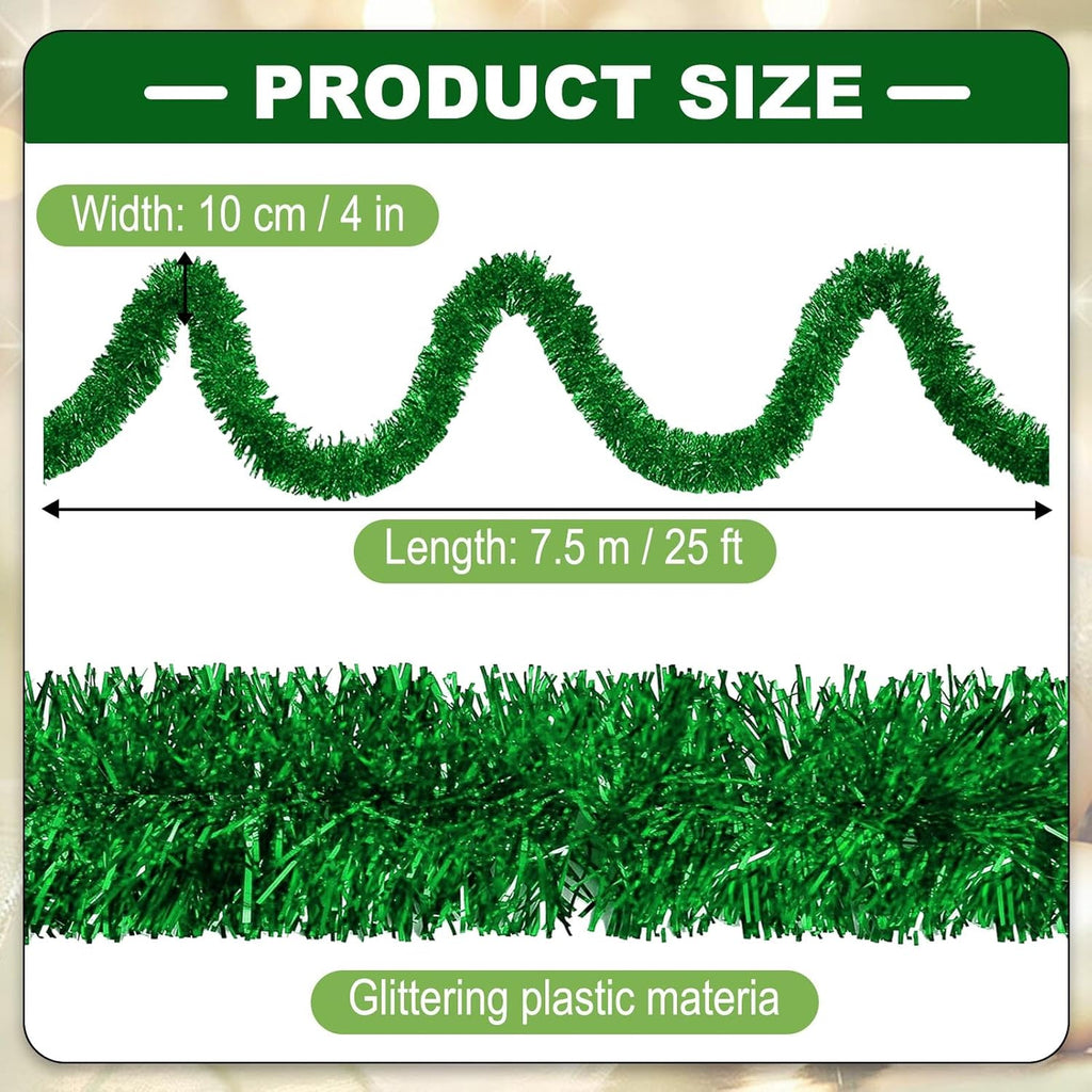 25 Feet Metallic Twist Tinsel Garland Backdrop for Parade Floats, Christmas Eve, New Year, Valentine's Day Party Decorations (Green, 4in x 25ft)
