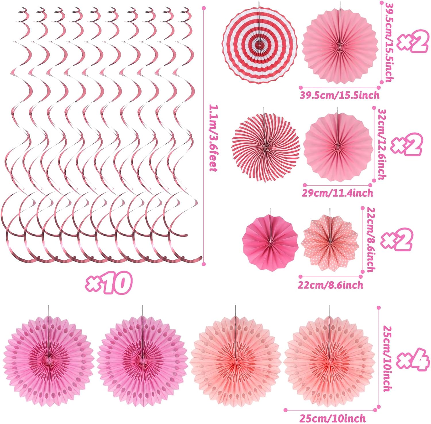 Pink Party Decorations, Easy Assembly Paper Fan Honeycomb Ball Garland Hanging Swirl Rose Red Party Supplies for Girl Women Birthday Bridal Shower Baby Shower Party Decorations