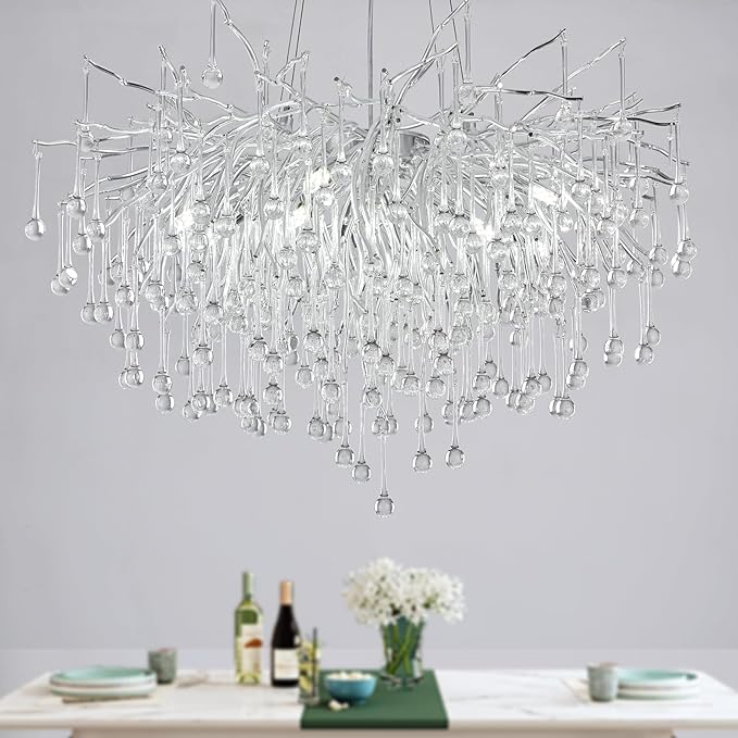 Branch Chandeliers Lights,8-Light Modern Crystal Chandelier Raindrop Luxury Chandelier Light Fixture for Dining Room Living Room,Kitchen Island D23.6in Farmhouse Chandelier