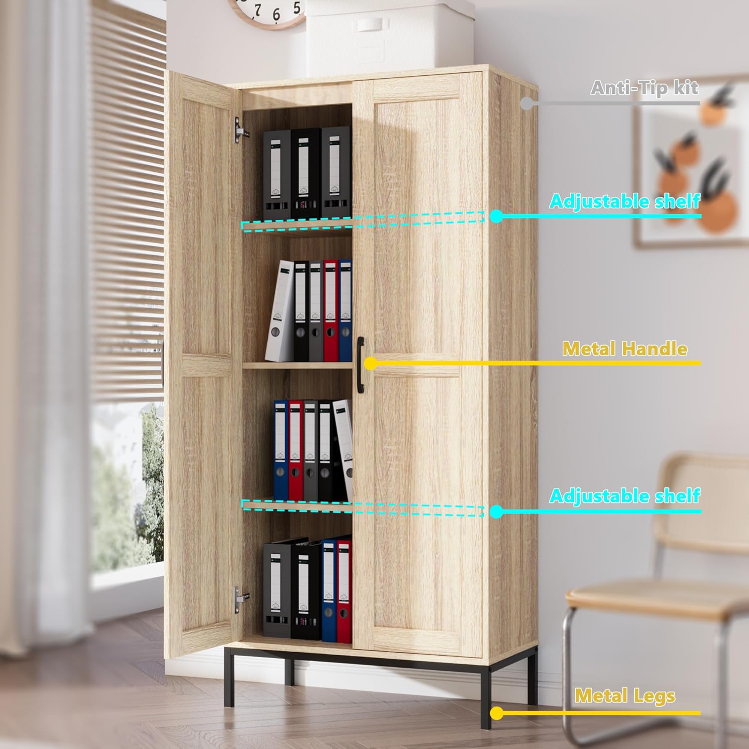 Tall Storage Cabinet, Kitchen Pantry Cabinet with 2 Doors & Adjustable Shelves for Laundry Room, Living Room, Entryway,Bathroom,Natural