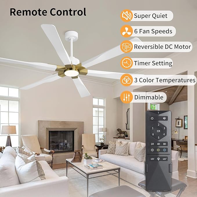 78 Inch Ceiling Fan with Lights and Remote Control, 6 Reversible ABS Blades, 6-Speed Noiseless DC Motor with 4.5" / 12" / 24" Downrods for Bedroom Dining Living Room, Gold and White