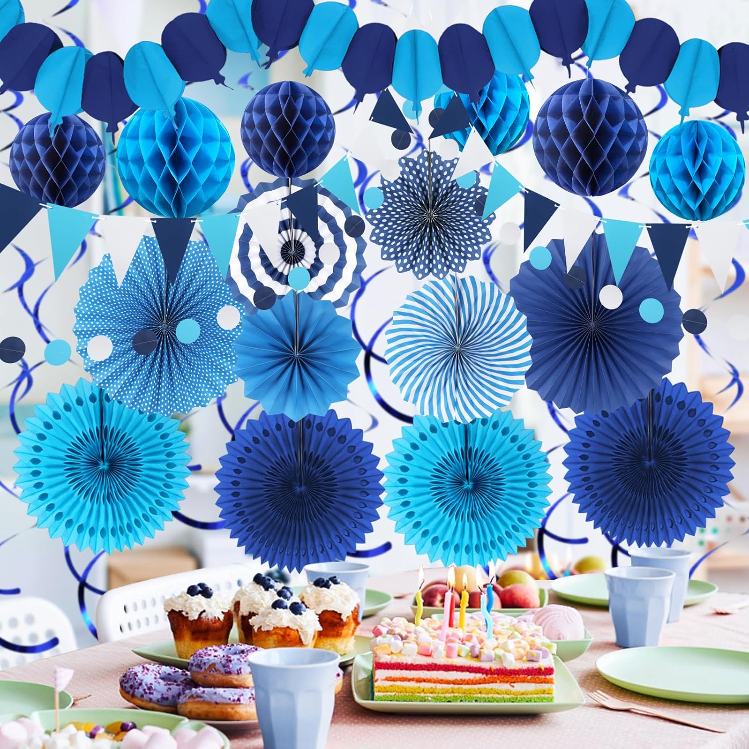 Blue Party Decorations, Easy Assembly Paper Fan Honeycomb Ball Garland Hanging Swirl Navy Blue Party Supplies for Boy Men Graduation Birthday Bridal Shower Baby Shower Party Decorations