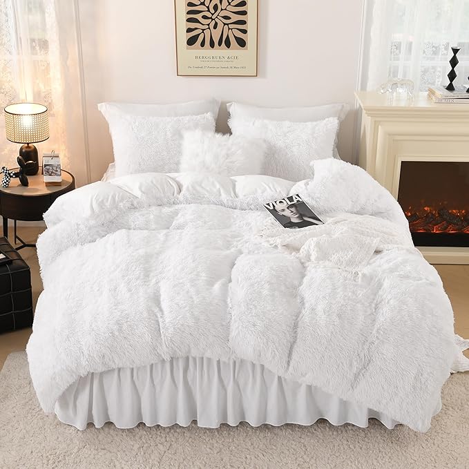 Litanika White Fluffy Comforter King Size, Luxury Shaggy Faux Fur Plush Bedding Set for King Bed, Ultra Soft Warm Velvet Comforter 3 Pieces(1 Fuzzy Comforter 104×90 Inch, 2 Pillowcases)