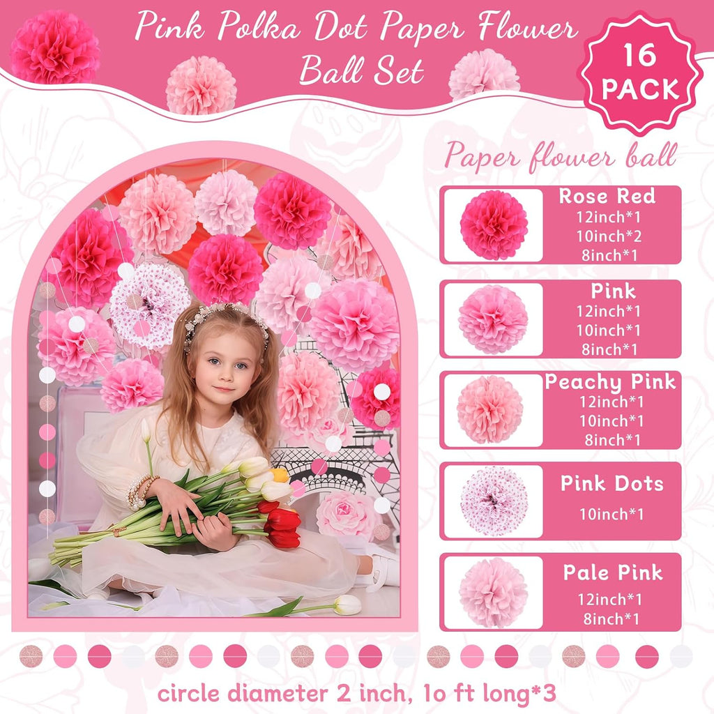 Pink Party Decorations,16 PCS Tissue Paper Pom Poms Dots Paper Garland Hanging Decoration for Pink Theme Birthday Decorations Bridal Shower Wedding Engagement Gender Reveal Celebration