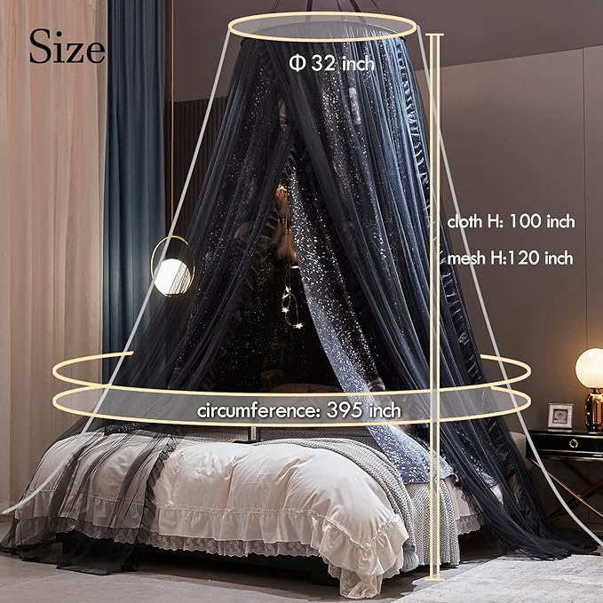 Kertnic Gorgeous Moon Printed Bed Canopy for Girls & Adults, Room Decorative Cozy Bed Curtain Canopy Drapes, Round Dome Luxurious Lace Princess Canopies Mosquito Netting (Print Moon)