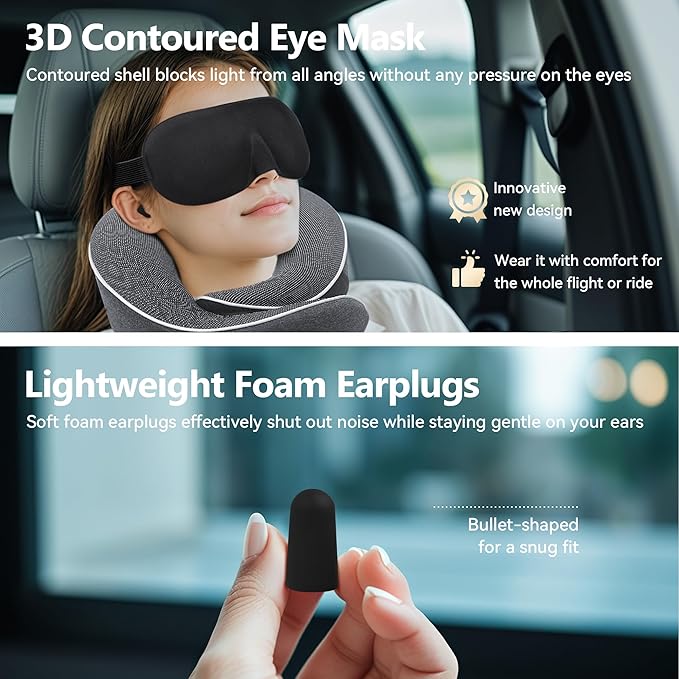 Travel Pillow 100% Pure Memory Foam Neck Pillow, Pillows for Sleeping, Car and Airplane Travel Essentials, Travel Kit with 3D Contoured Eye Masks, Earplugs and Luxury Mesh Bag (Dark Grey)