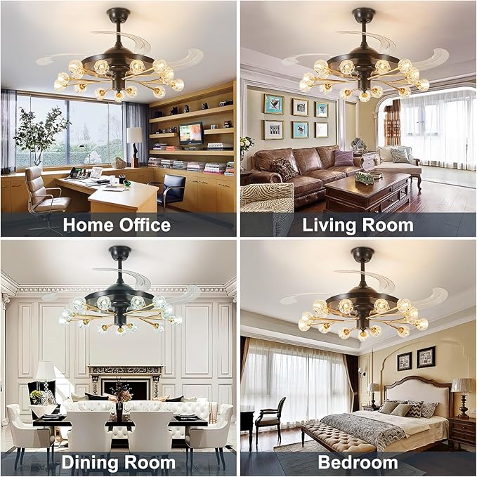 Black and Gold Chandelier Fan: Crystal Sputnik Ceiling Fan with Light and Remote - 42" Modern Fandelier with 15 Lights - Retractable Ceiling Fan for Living Dining Room Kitchen