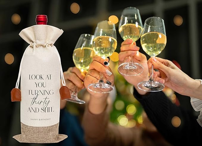 30th Birthday Wine Bag, Cotton Linen Wine Gift Bag With Drawstring, Wine Champagne Bottle Gift Bag, Thirty Years Old Birthday Gifts Wine Bag for Woman Man, 30th Birthday Party Favors-13