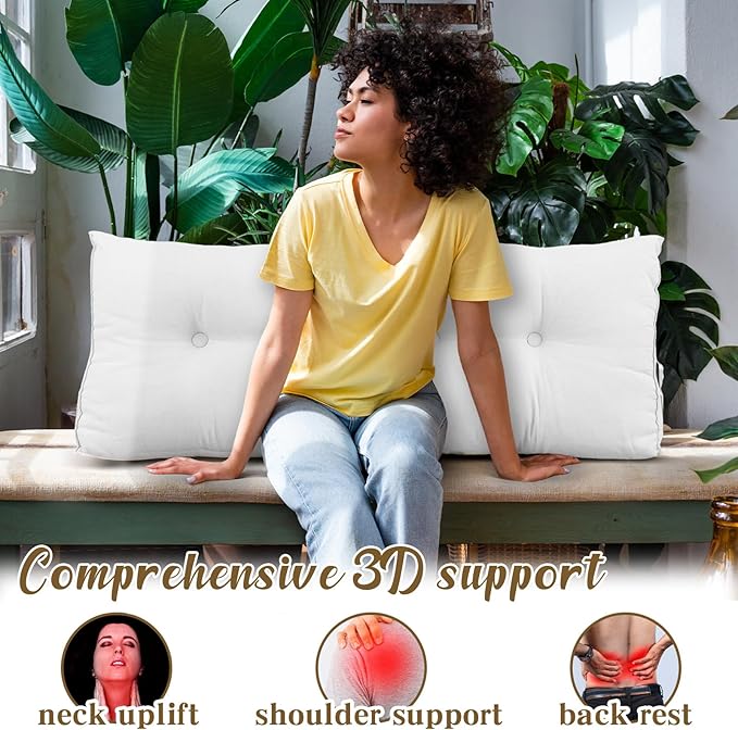 Wenqik Wedge Pillow Triangular Dorm Headboard Bed Rest Reading Backrest Back Support Long Bolster Pillow with Removable Cover for Dorm Room Supplies(White,Full (54 x 20 x 8 Inch))