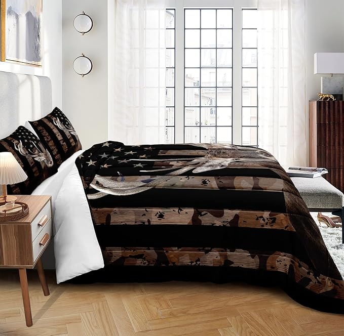Bedbay American Flag Bedding Set California King Comforter Bed Set Deer Hunting Hunter Bedroom Decor for Men Wild Animal Camo Duvet Insert 4 Pcs Soft Lightweight Comforter Quilt Set (Deer,Cal-King)