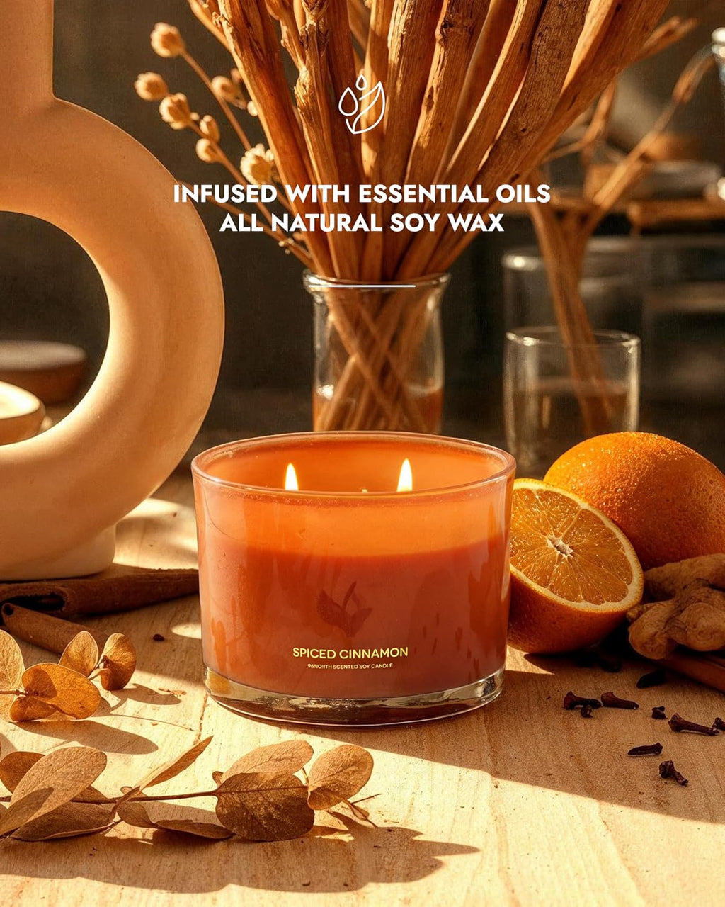 96NORTH Luxury Spiced Cinnamon Candle | Large 3 Wick Jar Candle | Up to 50 Hours Burning Time | 100% Natural Soy Wax | Relaxing Aromatherapy Aesthetic Candles | Housewarming Gift for Men and Women