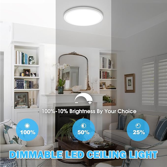 SunRider 4 Pack 12 Inch LED Flush Mount Ceiling Light, 2400LM, 5000K Daylight White, 24W Dimmable Modern Slim Round Flat Ceiling Lights for Bedroom