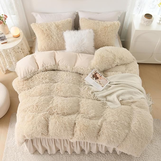 Litanika Plush Beige Comforter Queen, Luxury Fluffy Fuzzy Bedding Set for Queen Bed, Ultra Soft Velvet Faux Fur Comforter 3 Pieces(1 Shaggy Comforter 90×90 Inch, 2 Pillowcases)