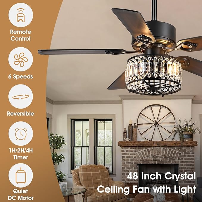 Chandelier Ceiling Fans with Lights, Crystal Ceiling Fan with Remote, 48 Inch Farmhouse Fandelier Ceiling Fan for Living Room Dining Room Bedroom, Dual Finish Wooden Blades, Black