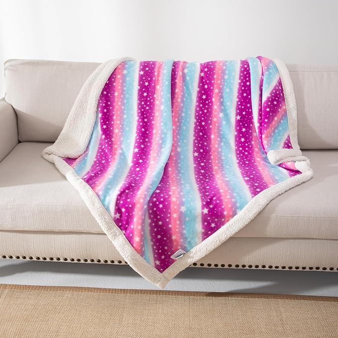 COSUSKET Kids Star Throw Blanket, Rainbow Sherpa Plush Warm Blanket Girls Gifts