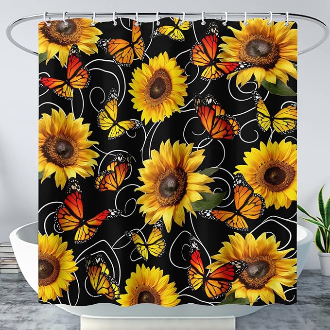 AILONEN Yellow Sunflower and Butterfly Shower Curtain,Garden Flower Black Bath Curtain,Modern Botanical Floral Waterproof Shower Curtain, 72" W x 78" H