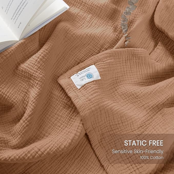 Lulu moon Muslin Blankets for Adults 55”x75” - Couch Throw Blanket for Boys - Light Weighted Muslin Quilt for Sofa and Bed (Caramel)