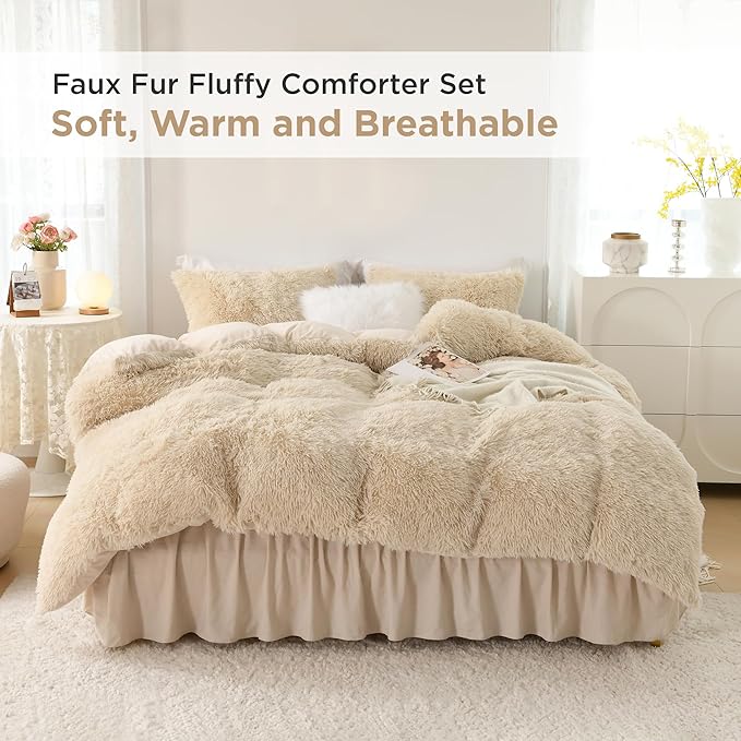 Litanika Beige Plush Comforter Full Size, Luxury Fluffy Shaggy Bedding Set for Full Bed, Ultra Soft Velvet Faux Fur Comforter 3 Pieces(1 Fuzzy Comforter 79×90 Inch, 2 Pillowcases)