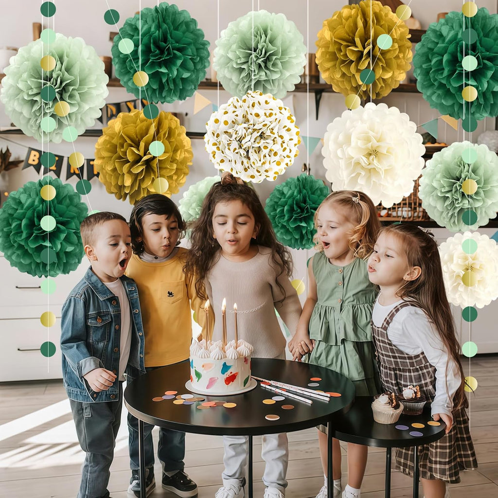 Green Wedding Party Decorations Set, 16 PCS Tissue Paper Pom Poms, Dots Paper Garland for Engagement, Green Boho Wedding, St. Patrick's Day Party, Baby Shower Party Decor