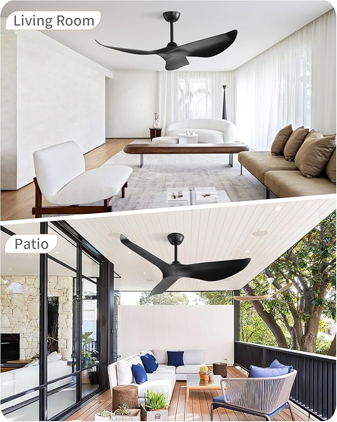 CACI Mall Ceiling Fans Without Lights - 52-Inch Flush Mount Ceiling Fan with 6 Speeds, 3 Timer Remote, Quiet Reversible DC Motor, and 5"/10"/25" Replacement Downrods (Black ABS Blades)