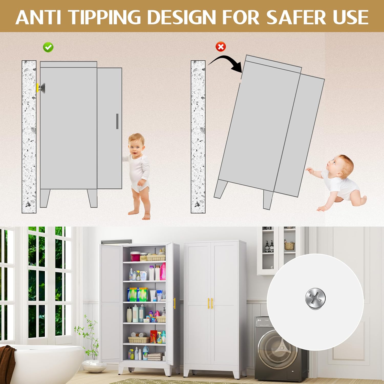 75.2" Tall Pantry Cabinet, Kitchen Pantry Storage Cabinets with 2 Door and 5 Adjustable Shelves, White Metal Pantry Storage Cabinet, Cupboard for Kitchen, Dining Room, Living Room and Bathroom