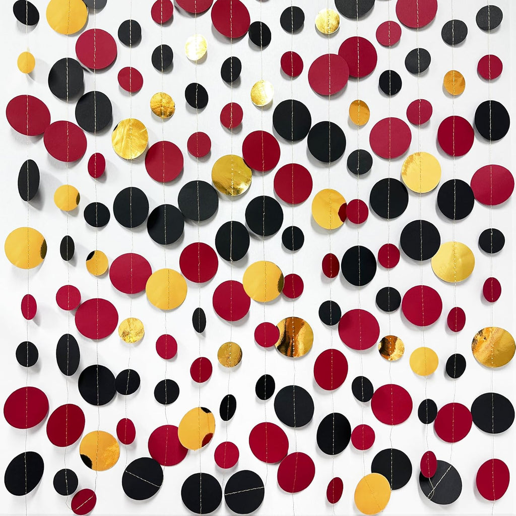 Gold Black Red Party Decorations Circle Dots Streamer Hanging Paper Polka Dots Garland for Graduation Birthday Wedding Anniversary Baby Shower Holiday Pirate Poker Casino Las Vegas Party Supplies