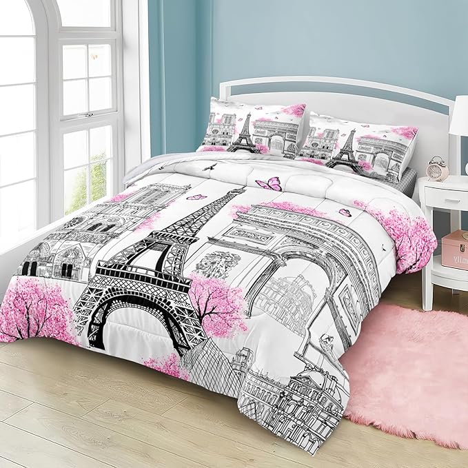Bedbay Pink Paris Comforter Set Eiffel Tower Duvet Set Aesthetic Bedding for Girls Women Pink and Grey Comforter Quilt Set Paris Decor Summer Lightweight Comforter,No Sheets(Paris,King)