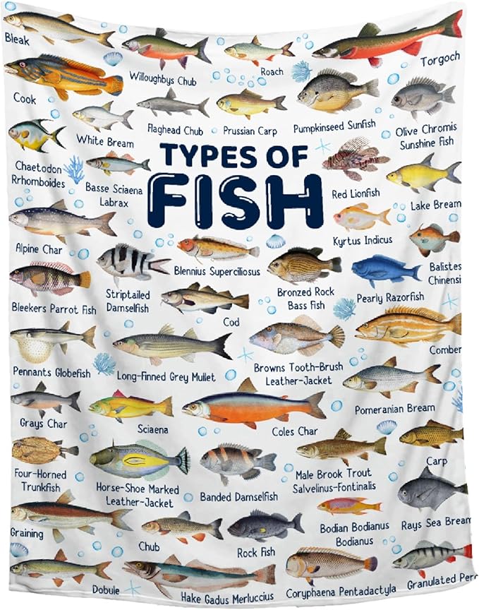 Fish Throw Blanket,Types of Fish Blanket Fish Blanket Gifts,Ultra Soft Lightweight Flannel Blankets Warm Fuzzy Cozy Plush Blankets for Couch Sofa Bed Living Room,Teens Size-50"x60"