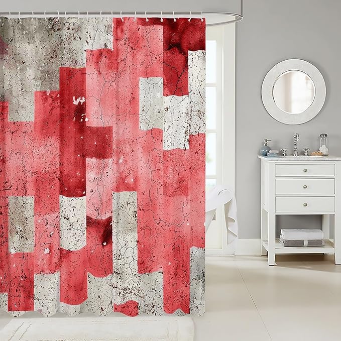Feelyou Kids Geometric Red Shower Curtain Geometry Bath Curtain Boys Girls Checkered Bathroom Shower Curtain Set Modern Art Teens Bathroom Accessories Room Decor 72"x84"