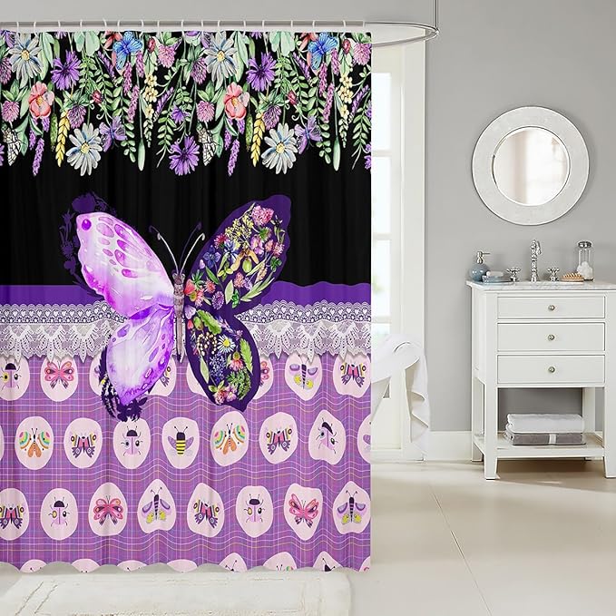 Feelyou Butterfly Shower Curtain 72"x72" Botanical Floral Flower Printed Bathroom Shower Curtain Set for Boys Girls Teens Black Purple Bath Curtain Garden Animal Natural Theme Bathroom Accessories