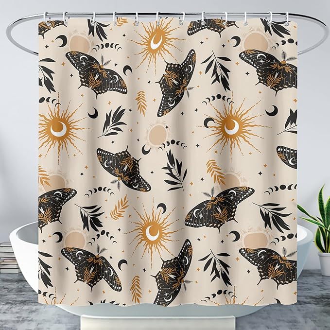 AILONEN Moth Shower Curtain,Sun and Moon Death Moth Bath Curtain for Bathroom Decor,Polyester Waterproof with 12 Plastic Hooks 72" W*78" H