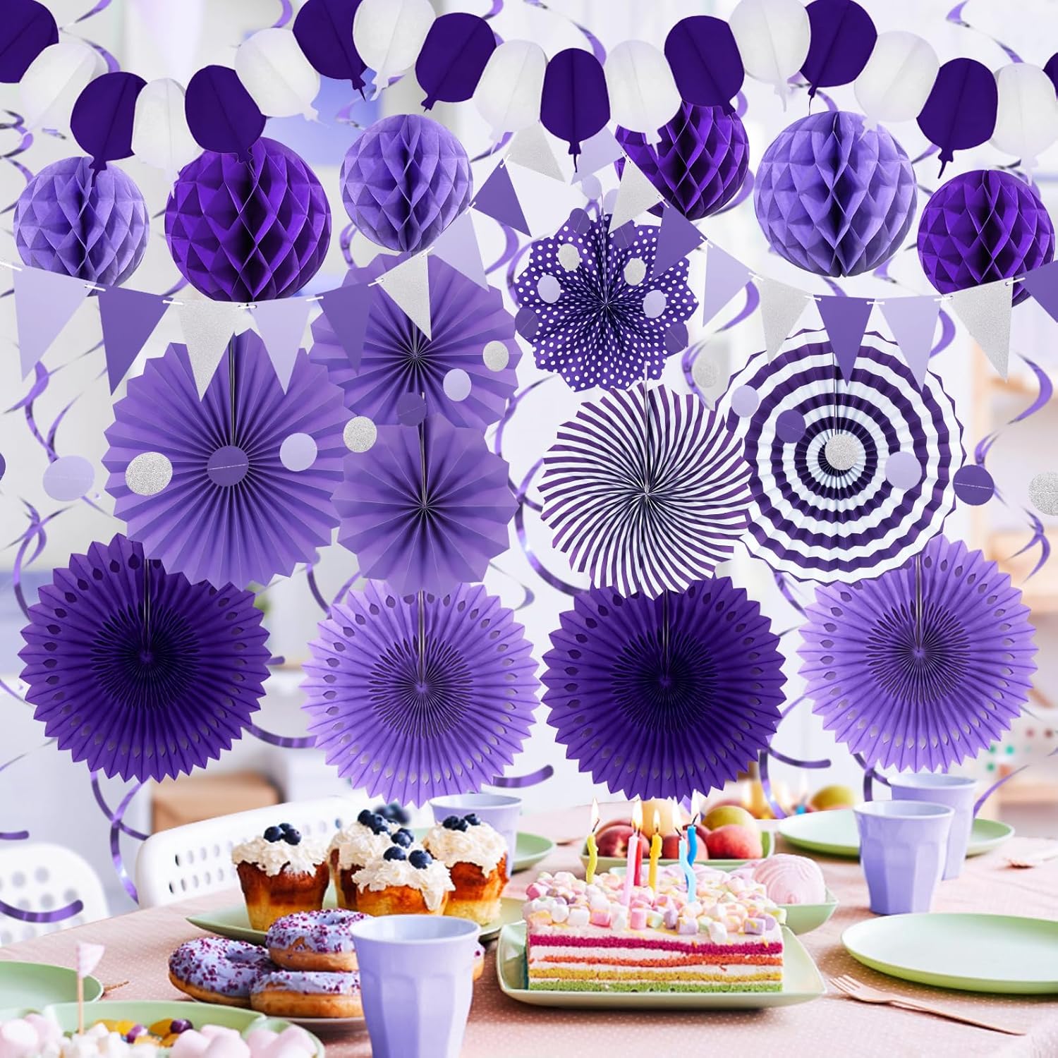 Purple Party Decorations, Birthday Party Supplies Easy Assembly Paper Fan Honeycomb Ball Garland Hanging Swirl for Graduation Birthday Baby Shower Bridal Shower Wedding Party Decorations