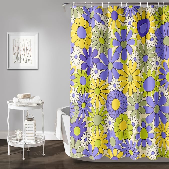 AILONEN Flower Shower Curtain for Bathroom,Polyester Fabric Waterproof,Purple Yellow Plants Flowers Bath Curtains Washable, 72" W x 72" H
