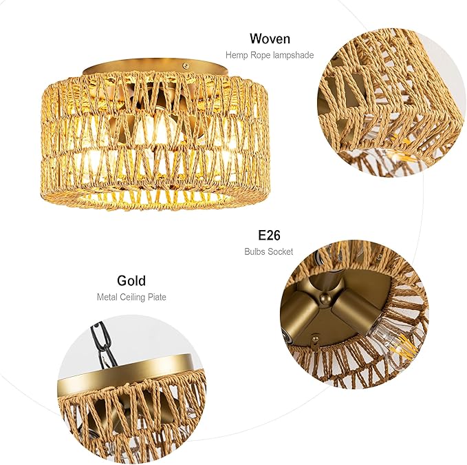MAYNA 3-Light Boho Light Fixtures Ceiling Mount, Hand-Woven Chandelier Light Fixture,Farmhouse Rattan Flush Mount Ceiling Light for Hallway Bedroom Kitchen Living Room Entryway (Gold)