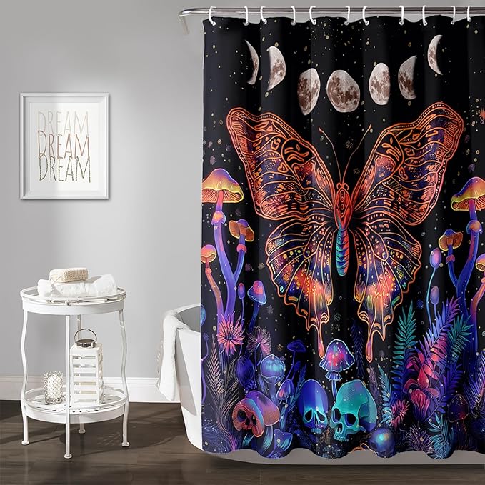 AILONEN Colorful Butterfly Shower Curtain,Magic Mushroom Waterproof Fabric Bath Curtain for Kids Girls,Boho Sun and Moon Skull Shower Curtain Set for Bathroom 72" W*78" H