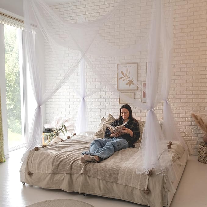 Canopy Bed Curtains with Lights, White Bed Canopy For Girls & Adults | Fits Full, Double, Queen, King | Bed Curtains From Ceiling Or Bed Frame, Bed Curtains, Bed Canopies & Drapes, Princess Bed