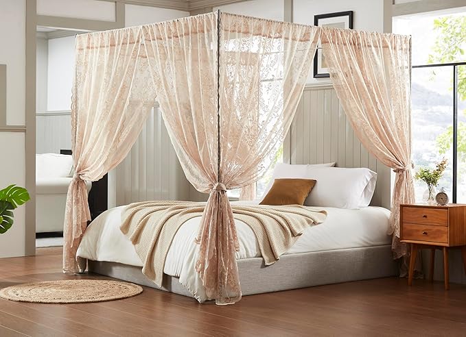 Warm Home Designs Lace Canopy Bed Curtains Set Consists of 8 48" x 78" Linen Canopy Curtains with Tie-Backs. Queen Canopy Bed Curtains or King Bed Canopy Curtains for Coquette Bedroom Decor. LC Linen