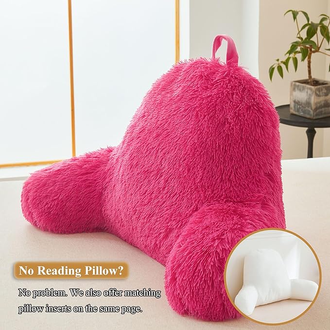 XeGe Fluffy Back Support Pillow Cover for Bed (No Filler), Faux Fur Backrest Pillow Case for Sitting in Bed, Furry Reading Pillow Cover for Adults Kids, Fuzzy Sit Up Pillow for Floor Chair, Hot Pink