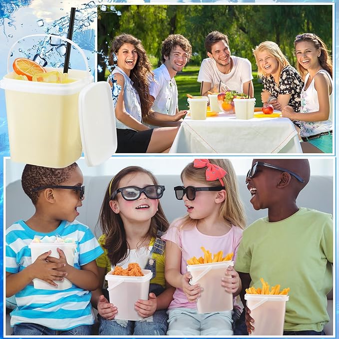 24 Pcs 33.8 oz Rum Buckets for Drinks Cocktails Plastic Square Drink Bucket with Lids and Handle 200 Pcs Motivational Sticker 20 Pcs Straw, Reusable Ice Cream Buckets for Summer Parties Snack