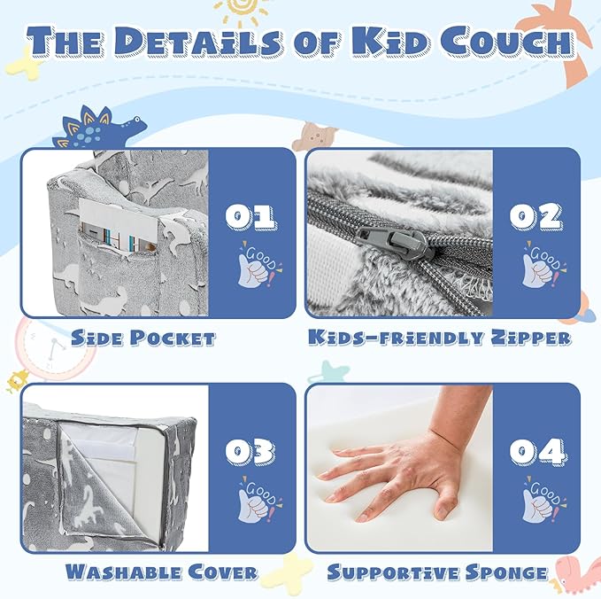 2-in-1 Toddler Chairs Comfy, Toddler Couches That Fold Out,Glow in The Dark, Extra Wide Kids Chairs for Toddler, Baby Couch for 1-3 Year Old, Gifts for Girls & Boys, Gray