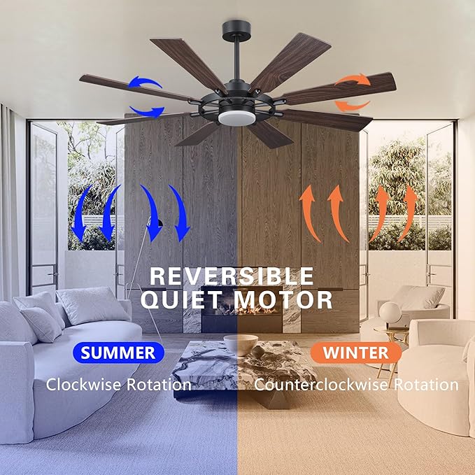 60" Ceiling Fan with Lights and Remote Control, Wood 8 Blades 6-Speed Noiseless Reversible DC Motor, 2 Downrods, Modern Ceiling fan for Office Porch Bedroom Dining Living Room, Black+Walnut
