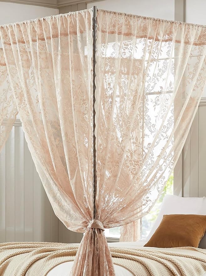 Warm Home Designs Lace Canopy Bed Curtains Set Consists of 8 48" x 78" Linen Canopy Curtains with Tie-Backs. Queen Canopy Bed Curtains or King Bed Canopy Curtains for Coquette Bedroom Decor. LC Linen