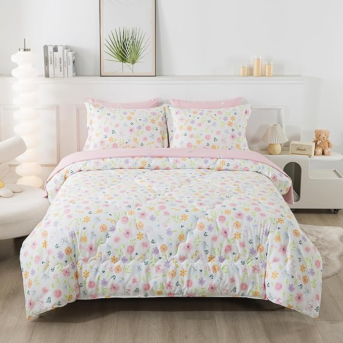 Wajade Floral Comforter Set Bed in A Bag Queen Size 7 Piece Botanical Flower Green Leaves Rabbits Bedding Set for Girls (1 Comforter, 1 Flat Sheet, 1 Fitted Sheet, 2 Pillowcase and 2 Pillow Sham)