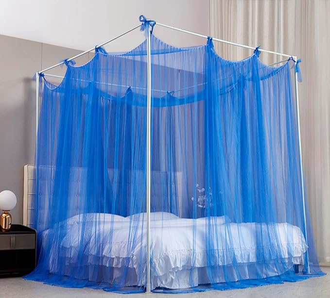 Mengersi Canopy Bed Curtains Bed Canopy with Lights for Girls, Bed Netting Unique Style 4 Door Mosquito Net for Adults Women Bedroom Decor (Blue+Lights, California King)