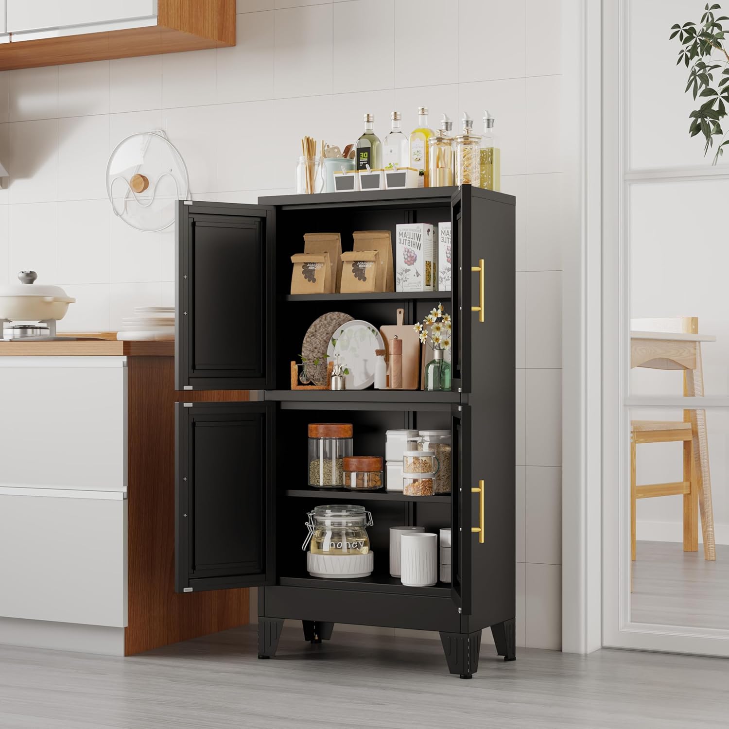 47.25" Metal Storage Cabinet, Black Kitchen Food Storage with 4 Door and 2 Adjustable Shelves, Freestanding Bathroom Cabinet, Pantry for Kitchen Dinning Room, Cupboard