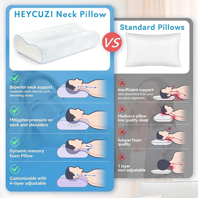 Cervical Neck Pillow for Pain Relief - 4-Layer Adjustable Contour Memory Foam Cooling Pillow for Sleeping, Cooling Ergonomic Pillow for Side Back Stomach Sleepers, Sandwich Pillow Queen Size