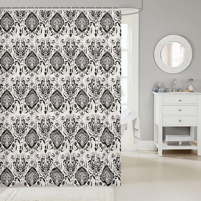 Feelyou Damask Pattern Shower Curtain 72"x78" Kids Vintage Floral Bathroom Shower Curtain Set for Boys Girls Teens Black White Luxury Bath Curtain Baroque Style Bathroom Accessories