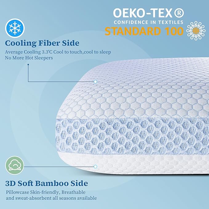 QUTOOL Memory Foam Pillows 2 Pack, Ventilated Bed Pillow with Cooling Washable Cover, Cervical Contour Pillow for Side Back Sleeper, Blue White